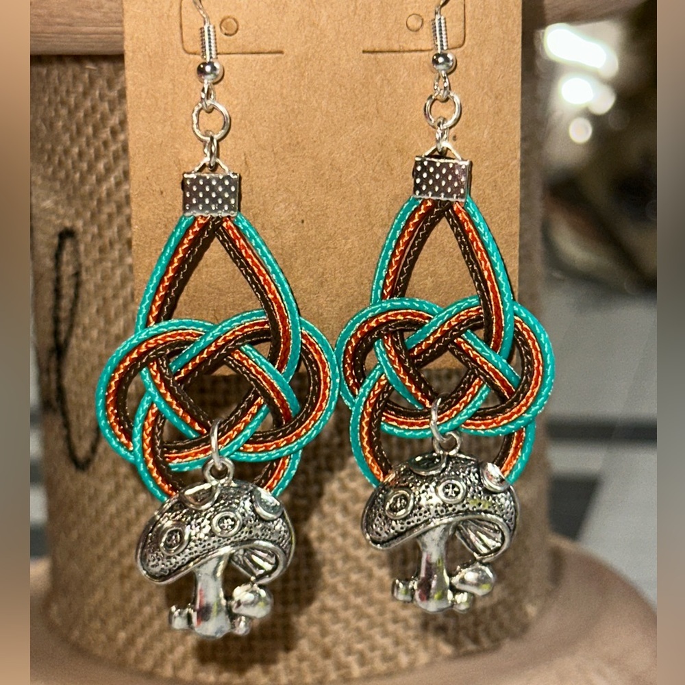 Handmade Teal Brown Orange Knot Earrings with Mushroom Charm
